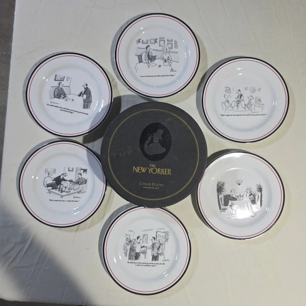 The New Yorker Cheese Plates Set of 6 Restoration Hardware Cartoon Wine Humor